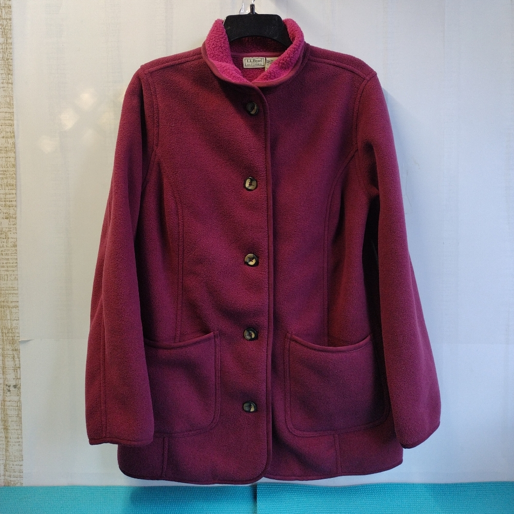 LL Bean Womens Fleece Sherpa Jacket Cardigan Burgundy - S